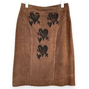 Vintage Brown Suede Leather Hand Painted Midi Skirt - Valentine’s Day Chic 💘